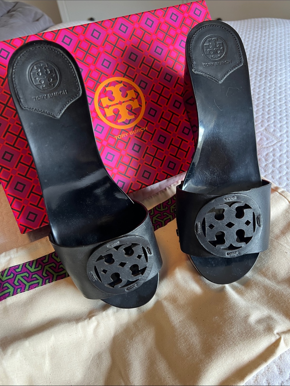 Tory Burch Black Leather Logo Slide Mules